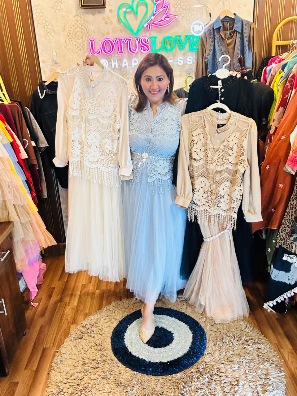 Elegant net 3pcs dress with pearl belt and jacket LL19